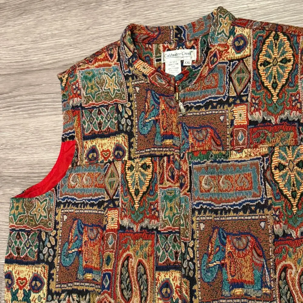 Coldwater Creek Tapestry Zip Vest 2X Elephant Tribal Boho Artsy Patchwork Cabin